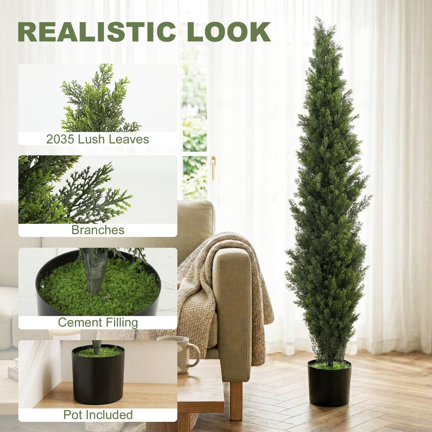 HOMCOM Set of 2 Decorative Artificial Plants Cypress in Weighted Pot, Fake Plant with 2035 Leaves, 150 cm