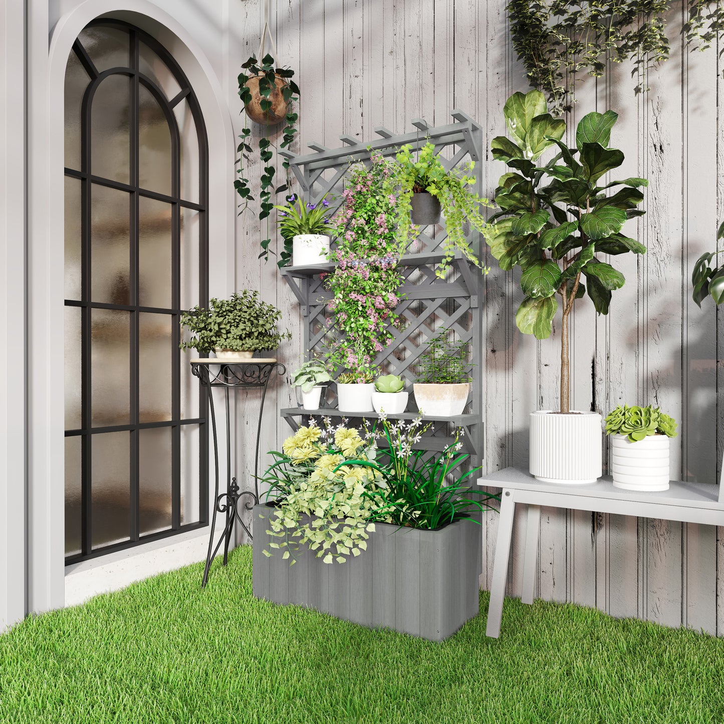Outsunny 52L Wooden Planter, with Trellis and Shelves - Grey