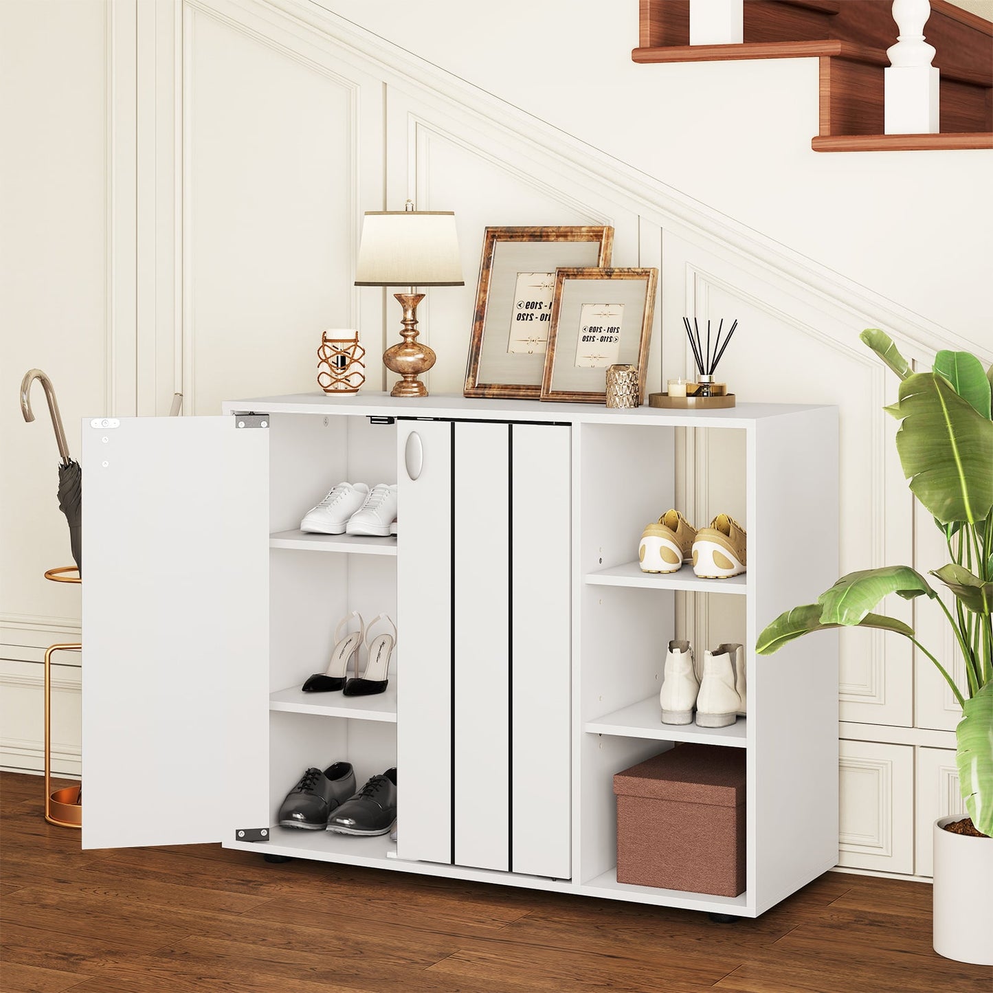 3-Tier Shoe Cabinet with Doors and Adjustable Open Shelves-White
