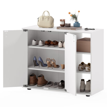 3-Tier Shoe Cabinet with Doors and Adjustable Open Shelves-White