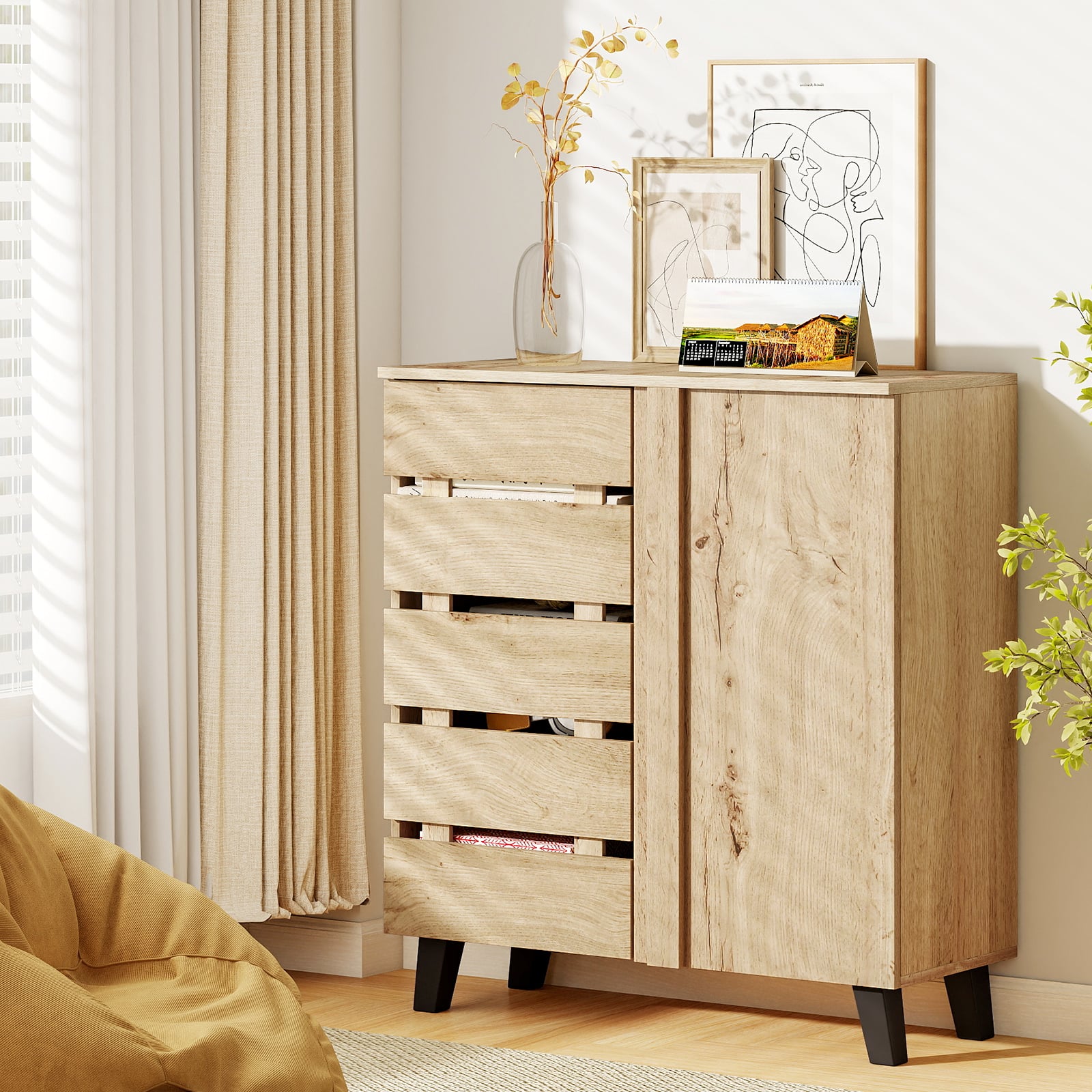 4-Tier Shoe Cabinet with Louvered Door and Removable Shelves-Natural