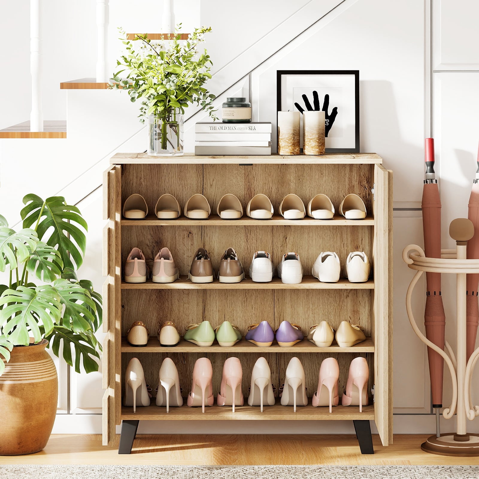 4-Tier Shoe Cabinet with Louvered Door and Removable Shelves-Natural