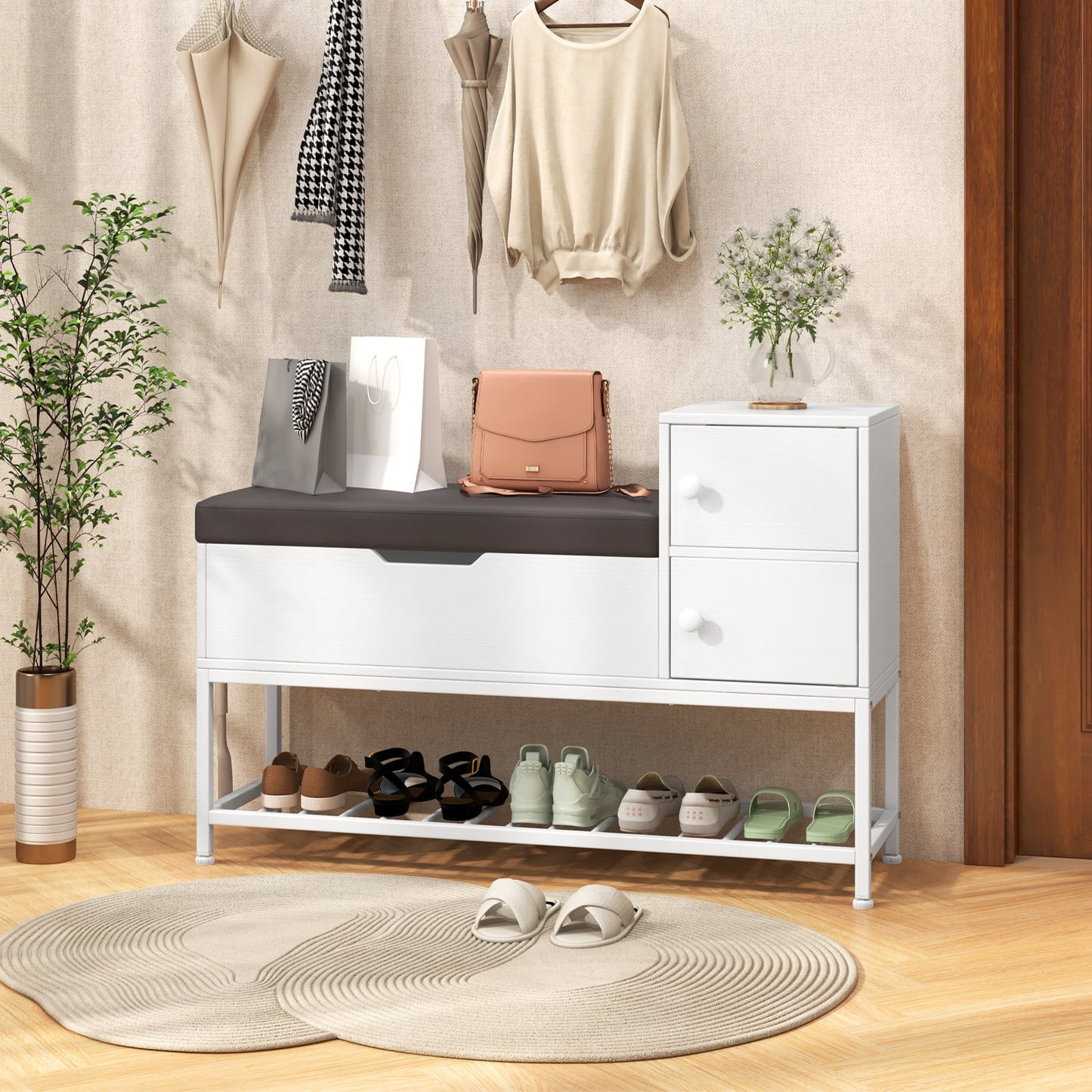 Shoe Entryway Bench with Flip Top Box and 2 Door Cabinets-White
