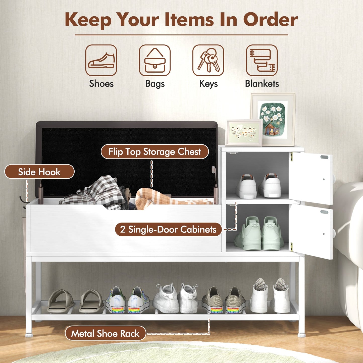 Shoe Entryway Bench with Flip Top Box and 2 Door Cabinets-White