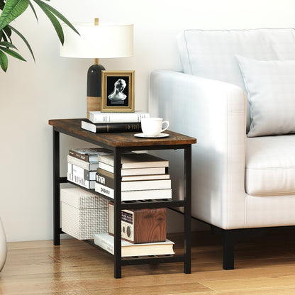 3-Tier Shoe Storage Bench with Metal Slat Shelves and Long Wooden Seat-Rustic Brown