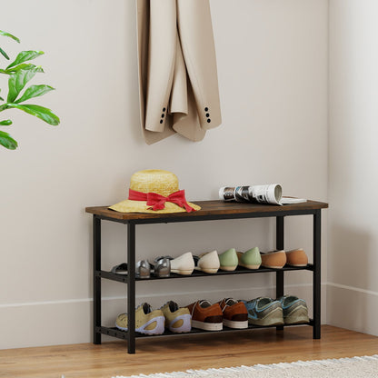 3-Tier Shoe Storage Bench with Metal Slat Shelves and Long Wooden Seat-Rustic Brown