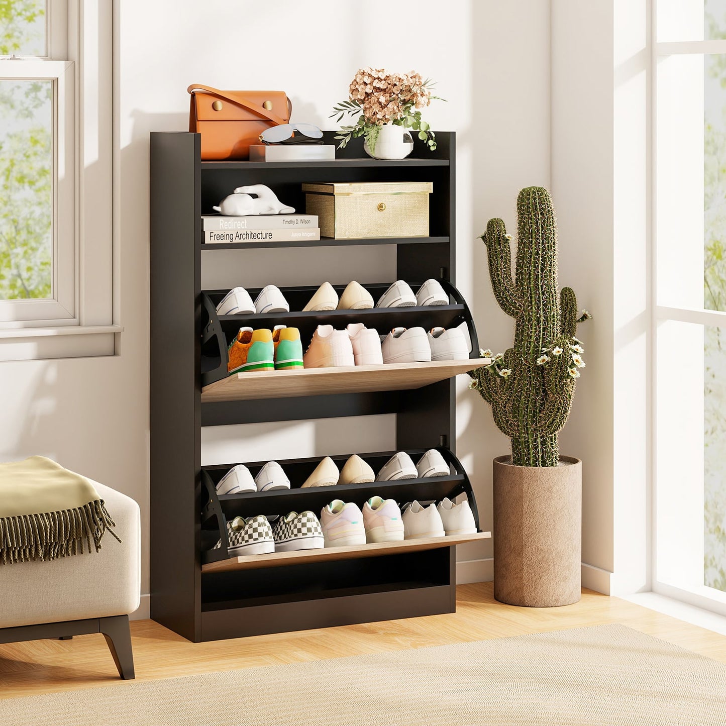 Shoe Storage Cabinet with 2 Flip Drawers and Open Storage-Black