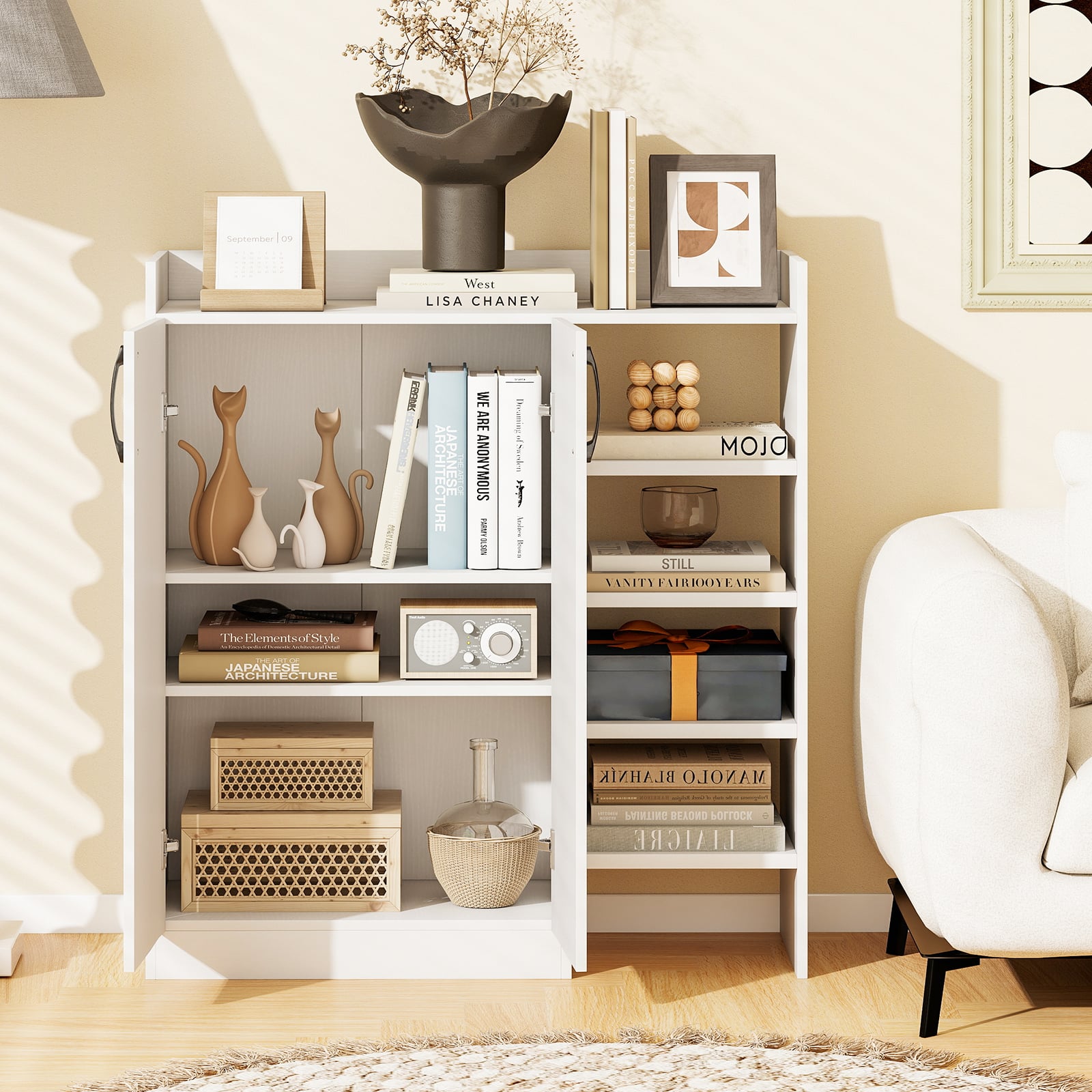 Shoe Storage Organizer with 2 Adjustable Inner Shelves and 4 Open Shelves-White