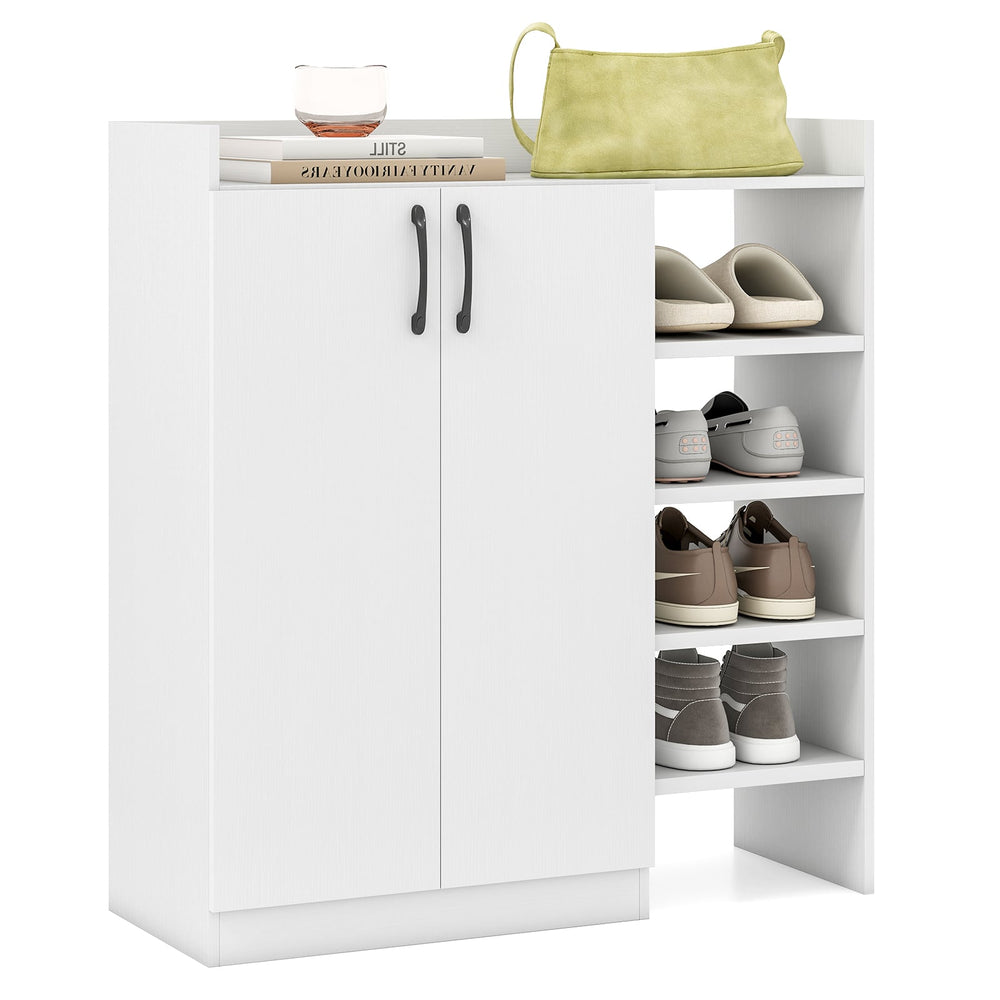 Shoe Storage Organizer with 2 Adjustable Inner Shelves and 4 Open Shelves-White