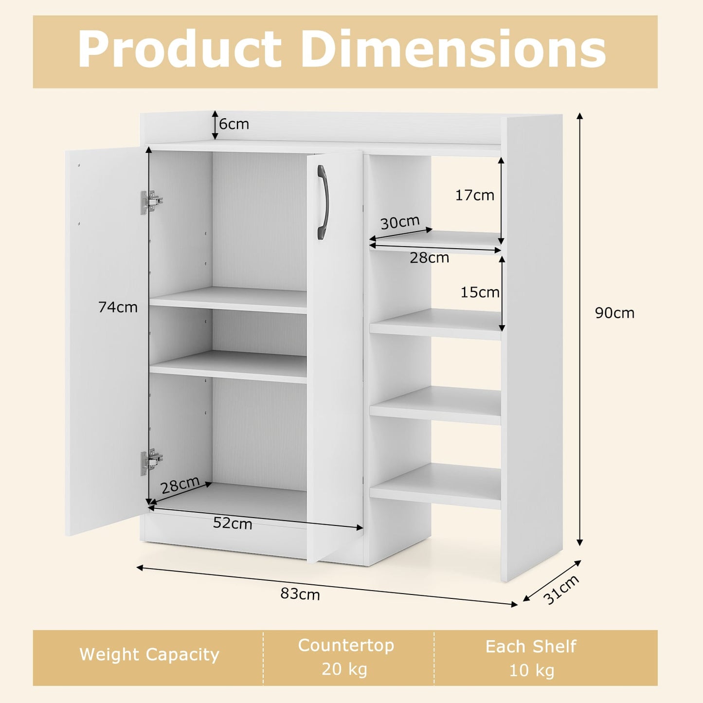 Shoe Storage Organizer with 2 Adjustable Inner Shelves and 4 Open Shelves-White
