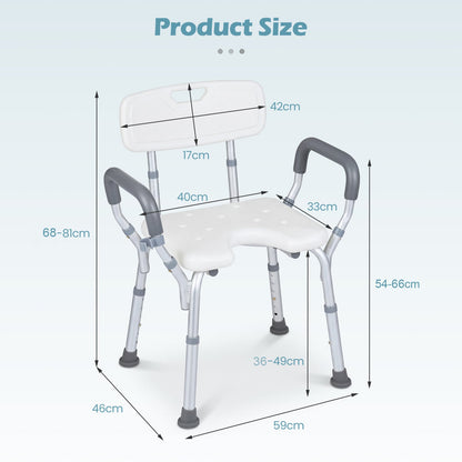 Shower Chair Height Adjustable with Backrest and Padded Armrests-Silver