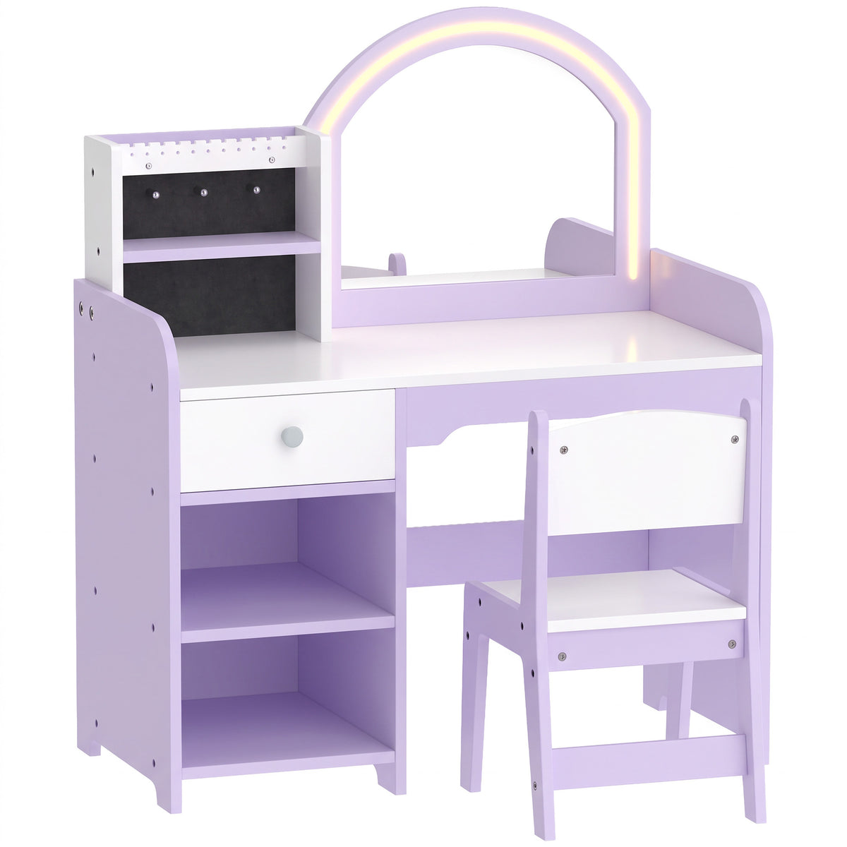 AIYAPLAY Kids Vanity Set, Kids Dressing Table with Stool, 2-Colour Lights Mirror, Pretend Dresser Gift for Ages 3-8, Purple