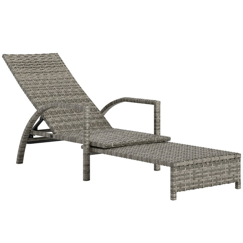 Outsunny Reclining Rattan Lounger, with Extending Footrest - Grey