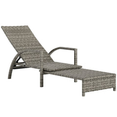 Outsunny Reclining Rattan Lounger, with Extending Footrest - Grey