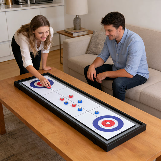 Shuffleboard and Curling 2 in 1 Board Game with 8 Rolling Pucks