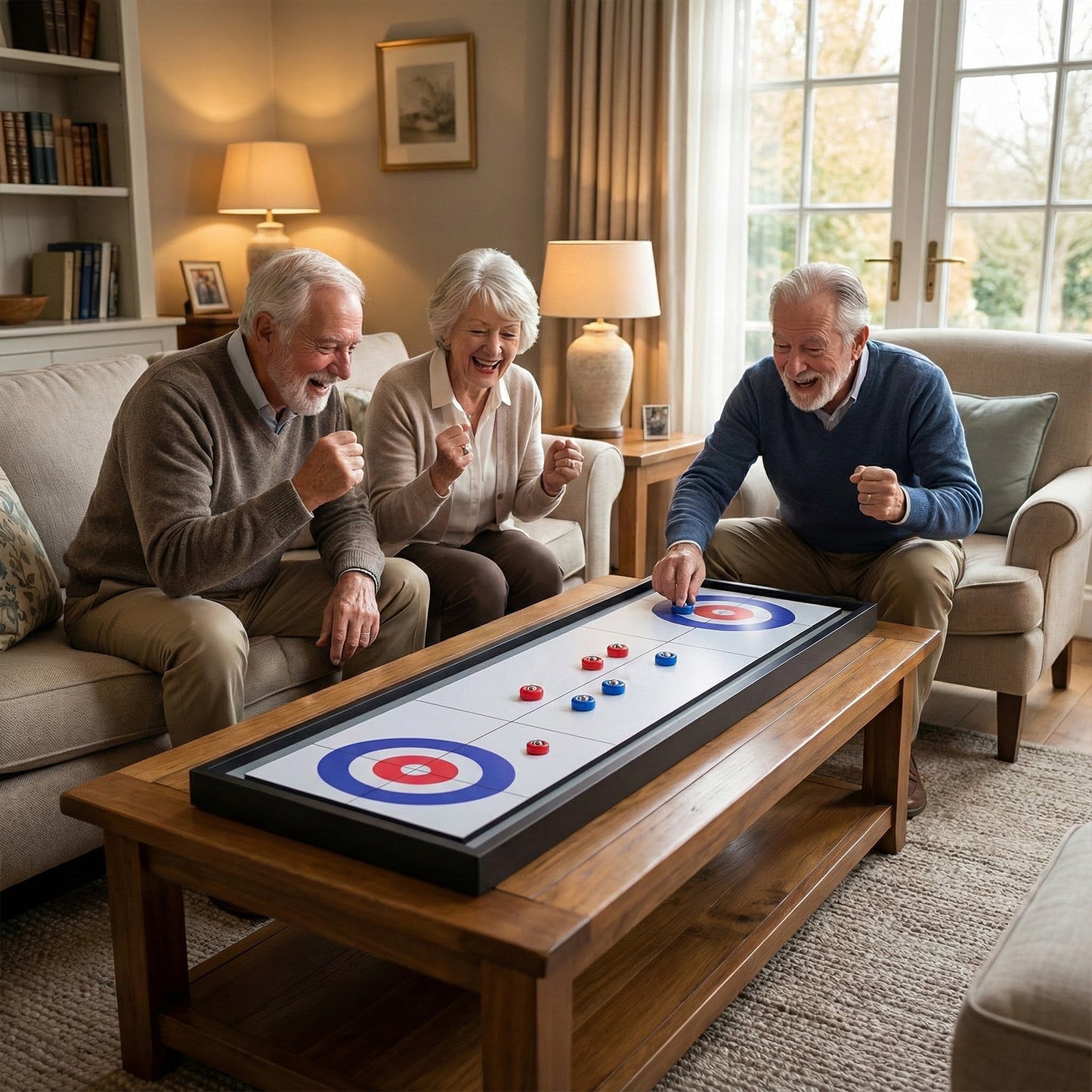 Shuffleboard and Curling 2 in 1 Board Game with 8 Rolling Pucks