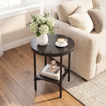 Side Table Modern Round End Table with Faux Marble Top and Bottom Storage Shelf-Black