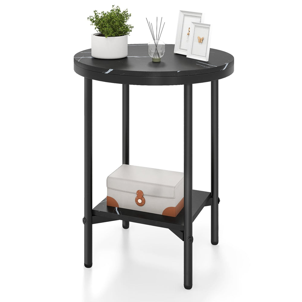 Side Table Modern Round End Table with Faux Marble Top and Bottom Storage Shelf-Black
