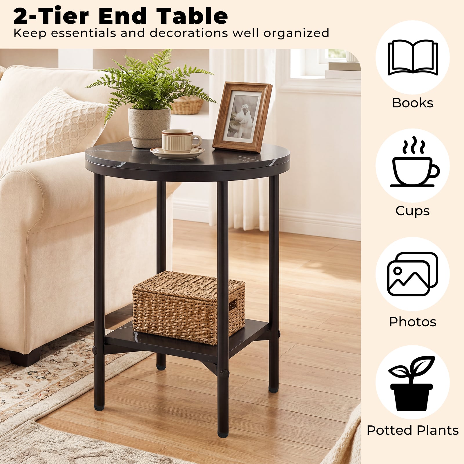 Side Table Modern Round End Table with Faux Marble Top and Bottom Storage Shelf-Black