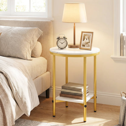Side Table Modern Round End Table with Faux Marble Top and Bottom Storage Shelf-White
