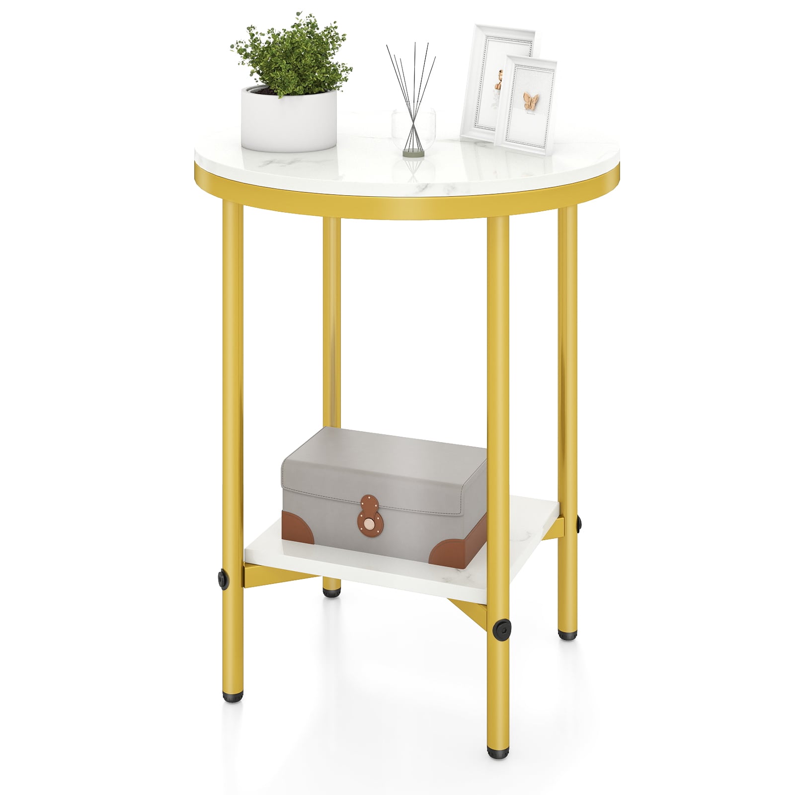 Side Table Modern Round End Table with Faux Marble Top and Bottom Storage Shelf-White