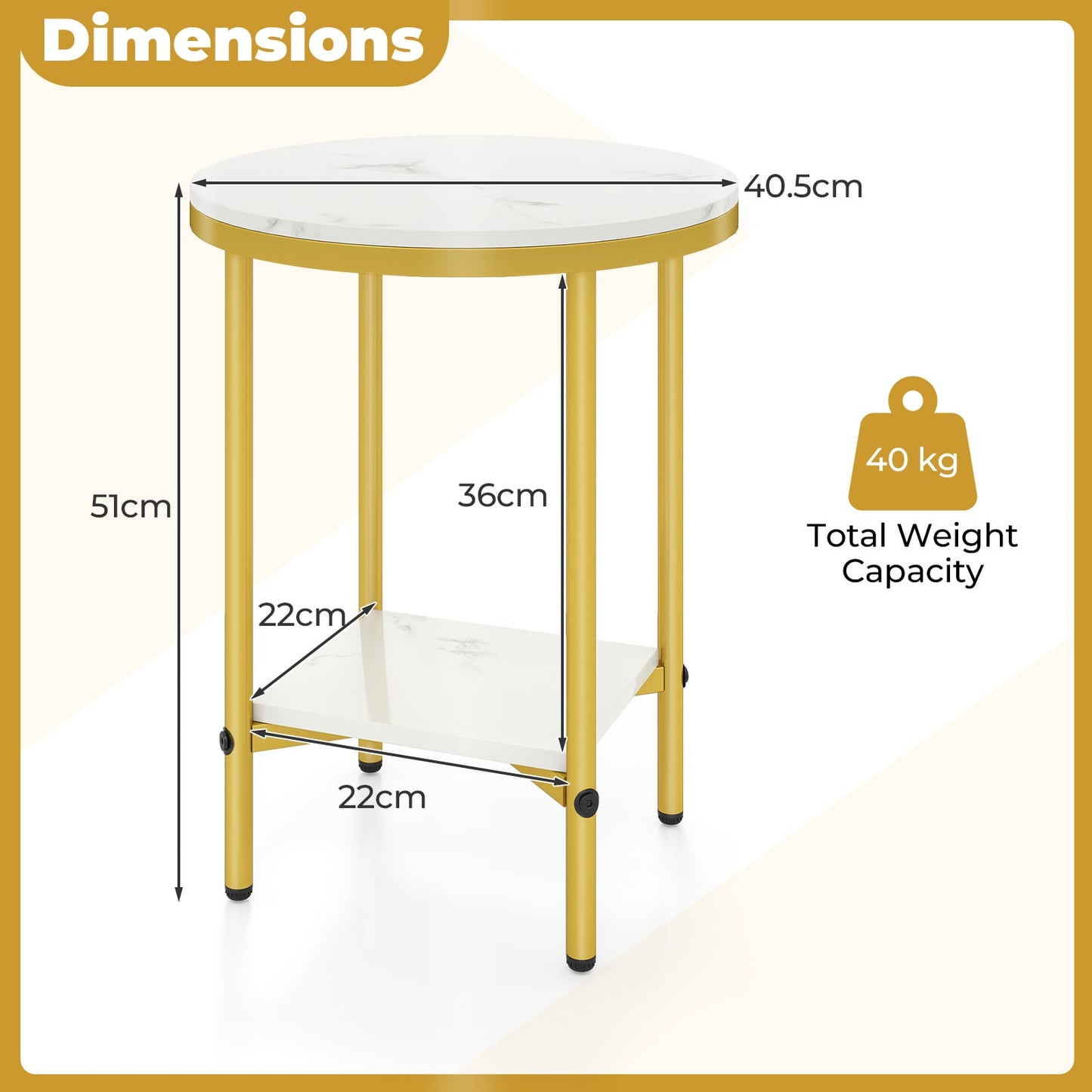 Side Table Modern Round End Table with Faux Marble Top and Bottom Storage Shelf-White
