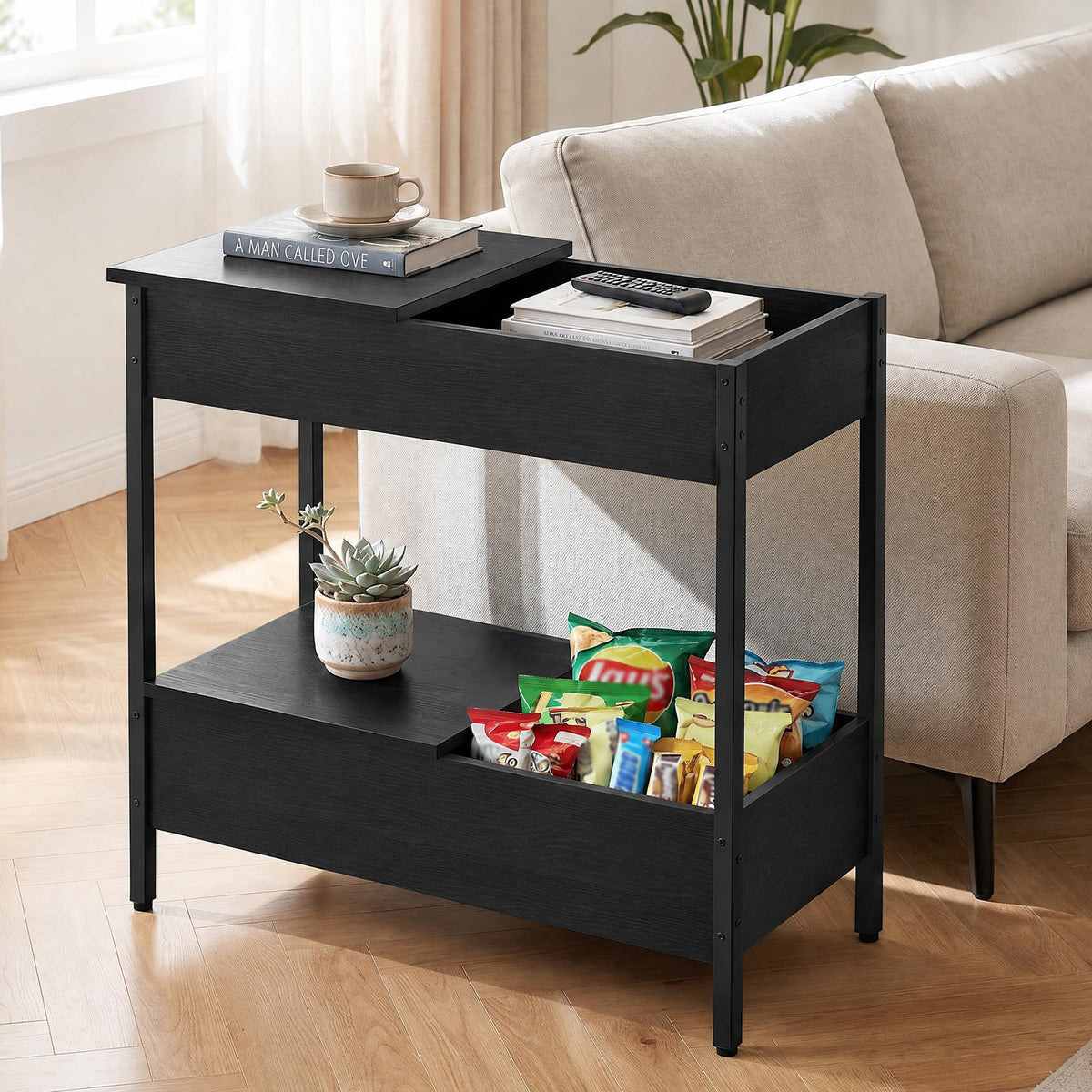 Side Table with 2 Storage Shelves and 2 Removable Tabletops for Living Room-Black