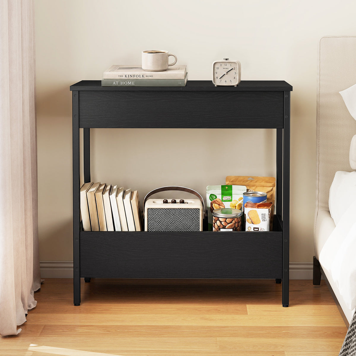 Side Table with 2 Storage Shelves and 2 Removable Tabletops for Living Room-Black