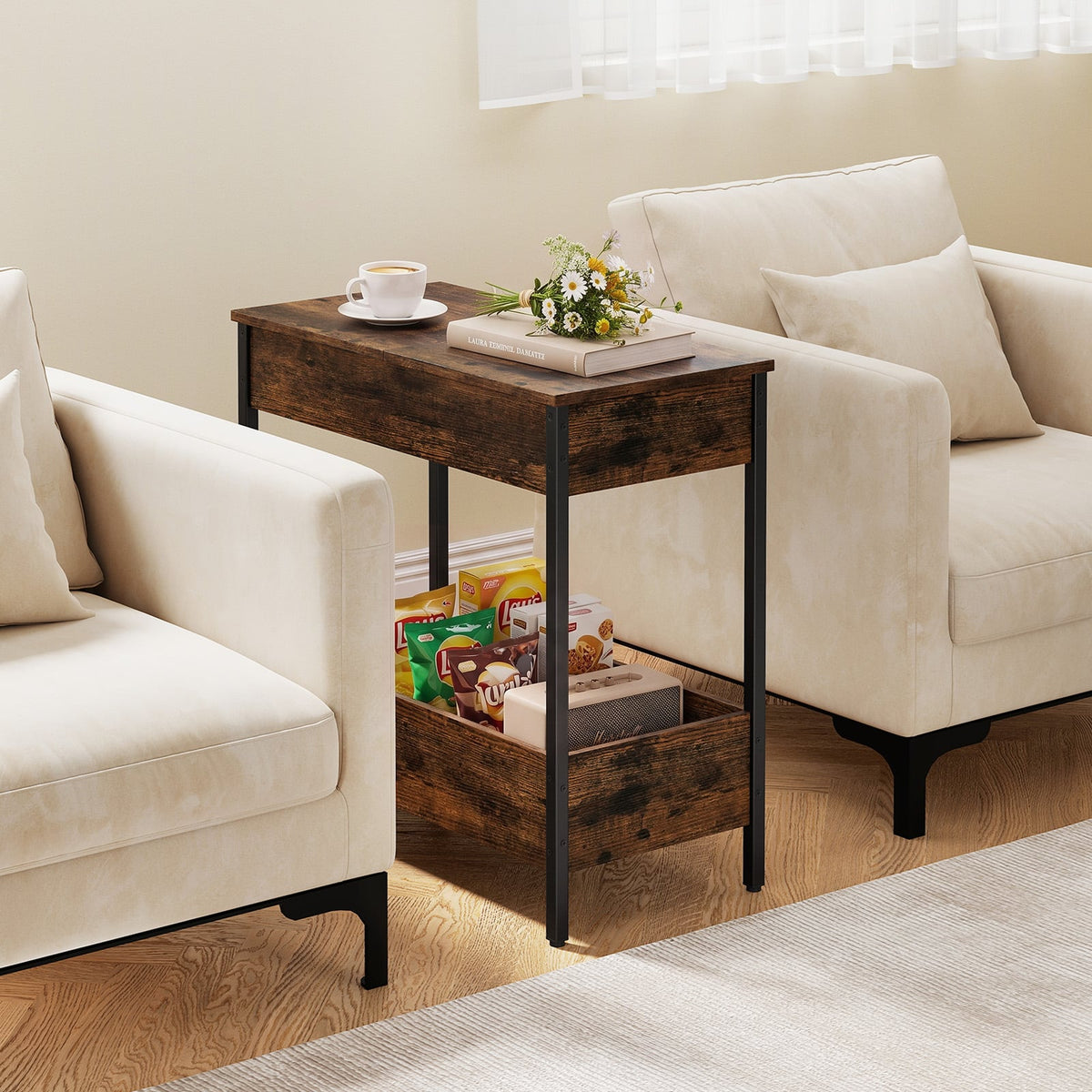 Side Table with 2 Storage Shelves and 2 Removable Tabletops for Living Room-Rustic Brown