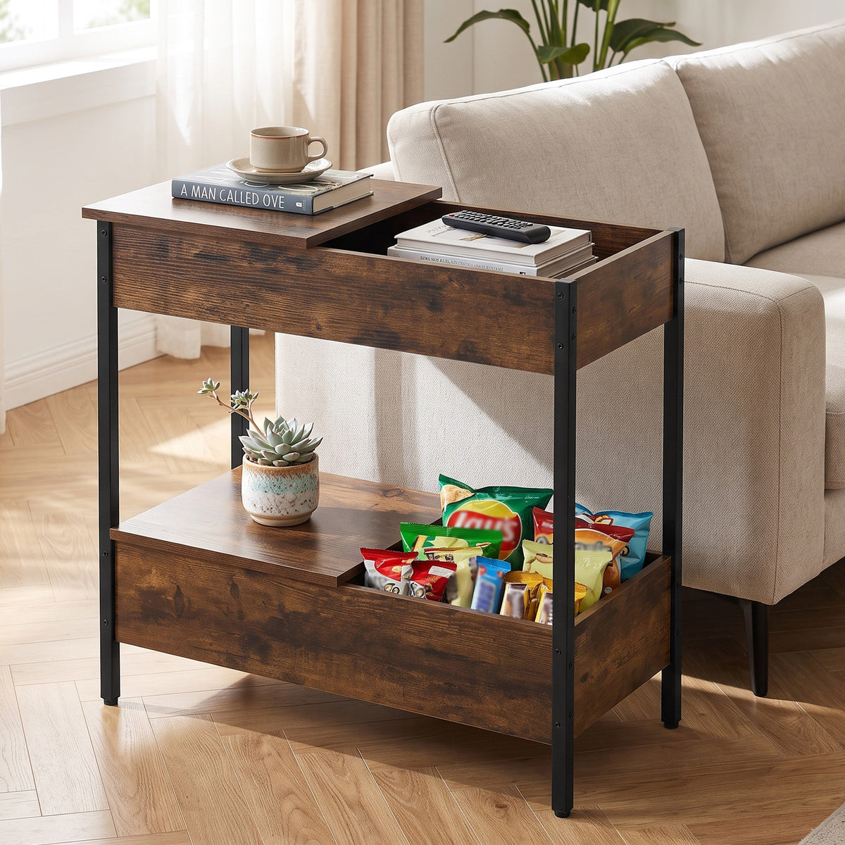 Side Table with 2 Storage Shelves and 2 Removable Tabletops for Living Room-Rustic Brown