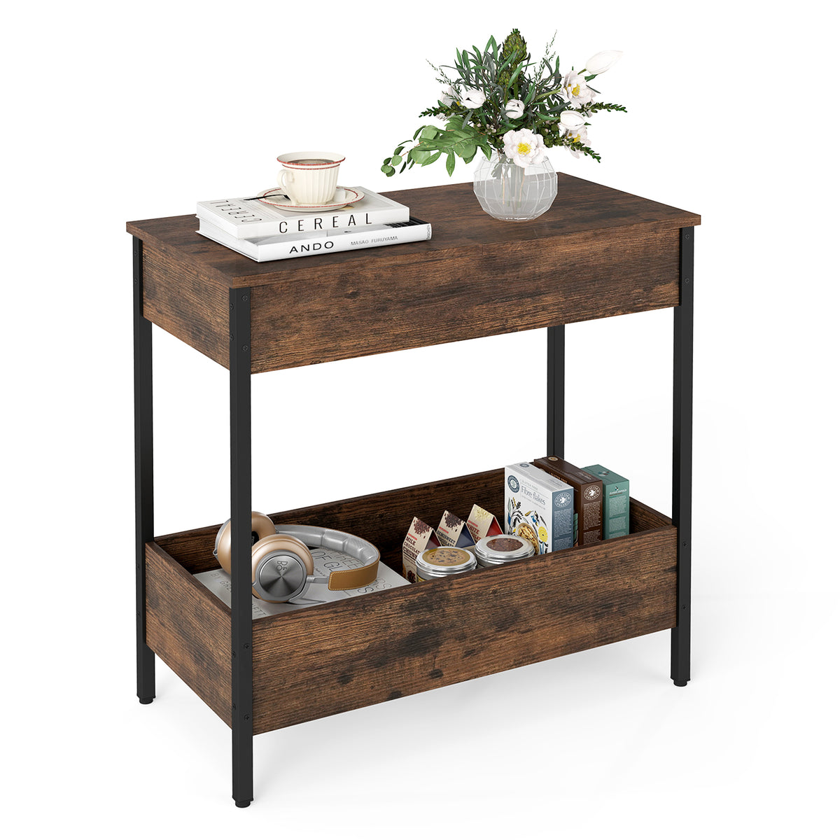 Side Table with 2 Storage Shelves and 2 Removable Tabletops for Living Room-Rustic Brown