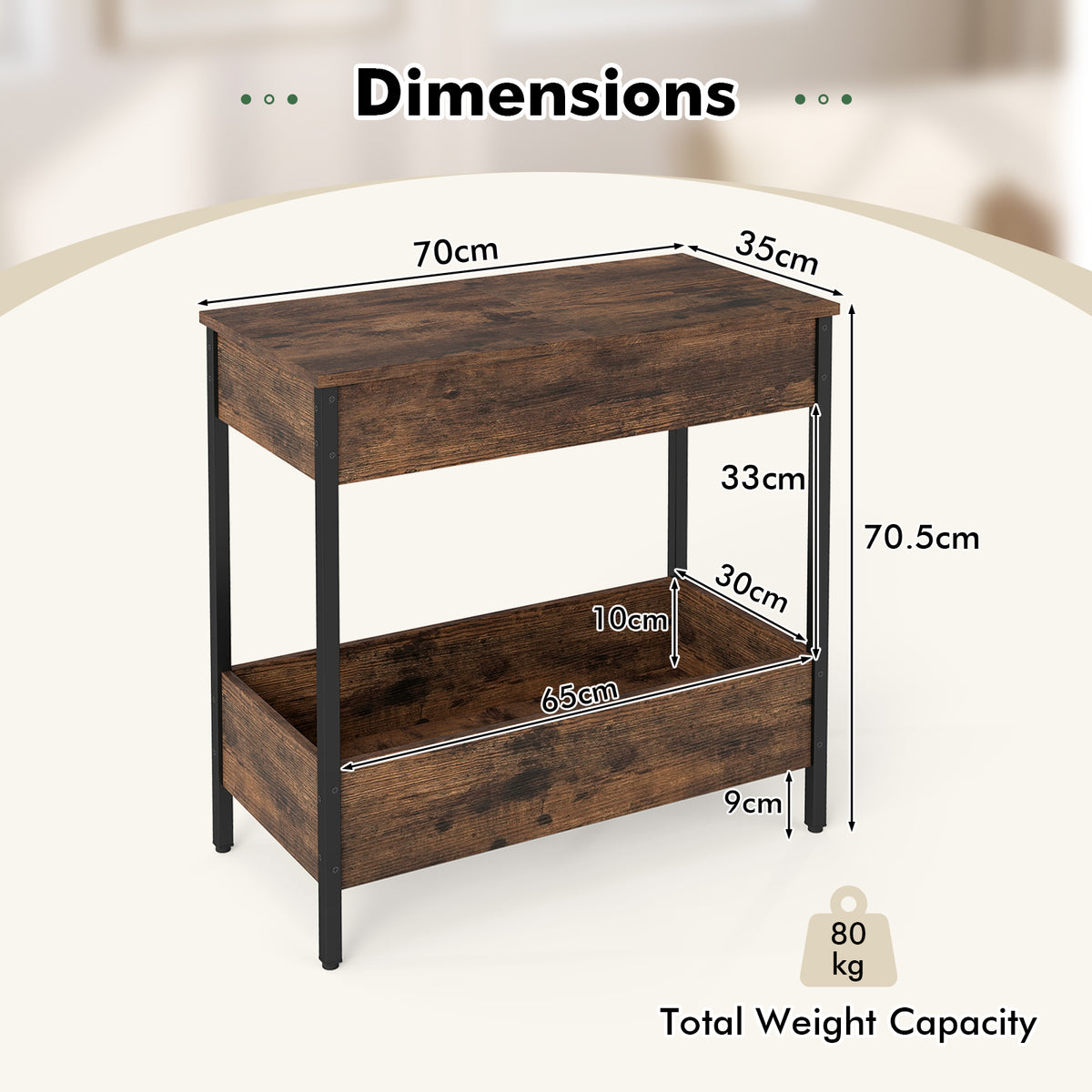 Side Table with 2 Storage Shelves and 2 Removable Tabletops for Living Room-Rustic Brown