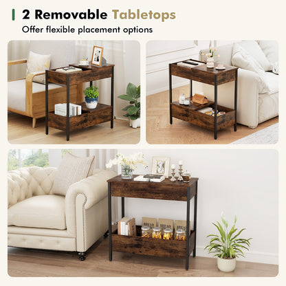 Side Table with 2 Storage Shelves and 2 Removable Tabletops for Living Room-Rustic Brown