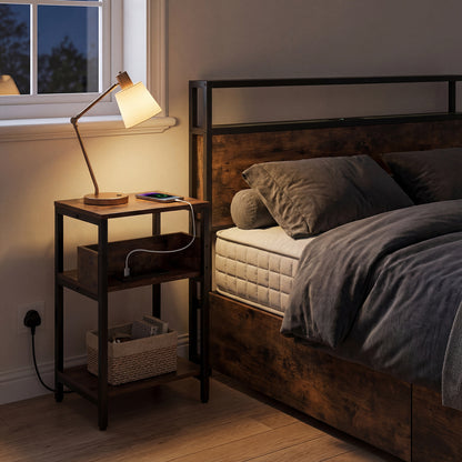 Side Table with Charging Station 3-Tier End Table with Open Storage Shelves-Rustic Brown