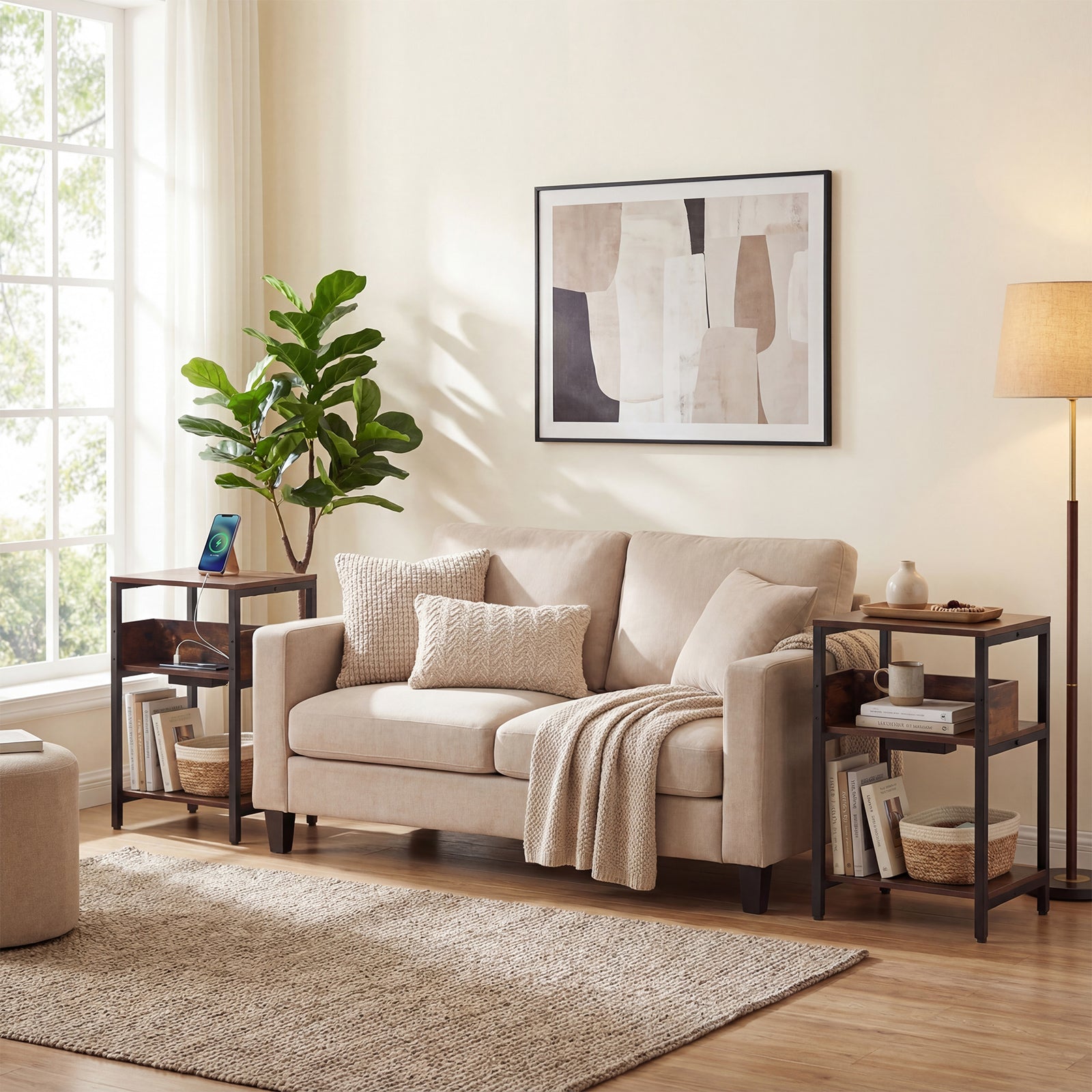 Side Table with Charging Station 3-Tier End Table with Open Storage Shelves-Rustic Brown