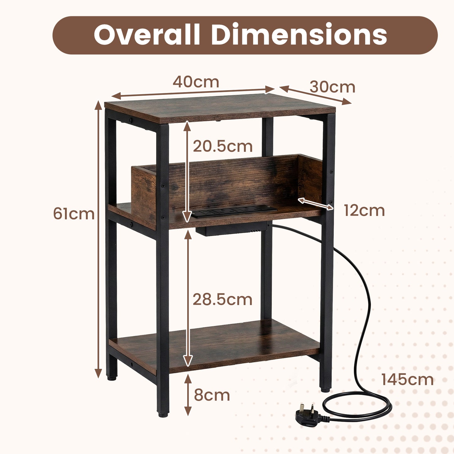 Side Table with Charging Station 3-Tier End Table with Open Storage Shelves-Rustic Brown
