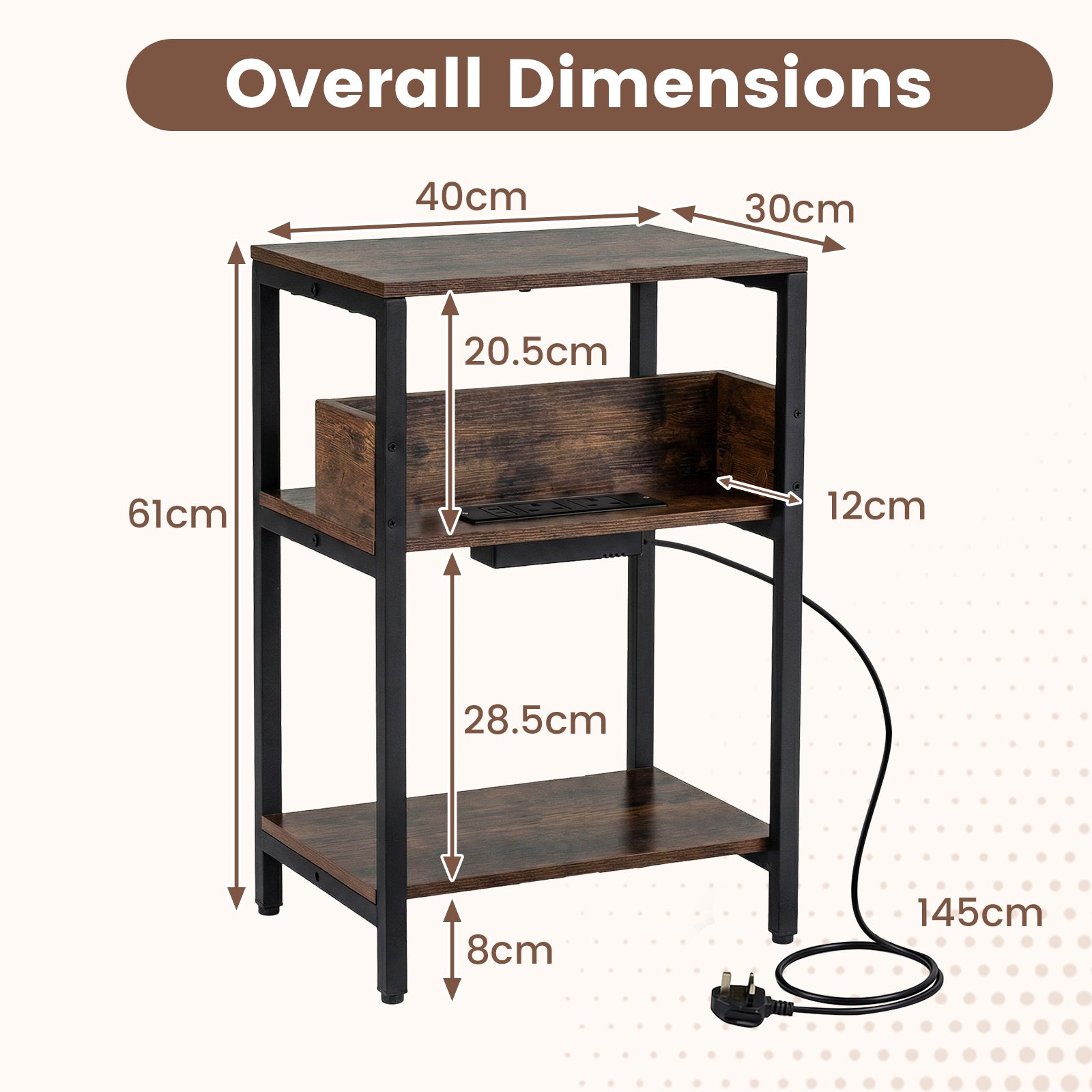 Side Table with Charging Station 3-Tier End Table with Open Storage Shelves-Rustic Brown