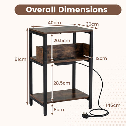 Side Table with Charging Station 3-Tier End Table with Open Storage Shelves-Rustic Brown