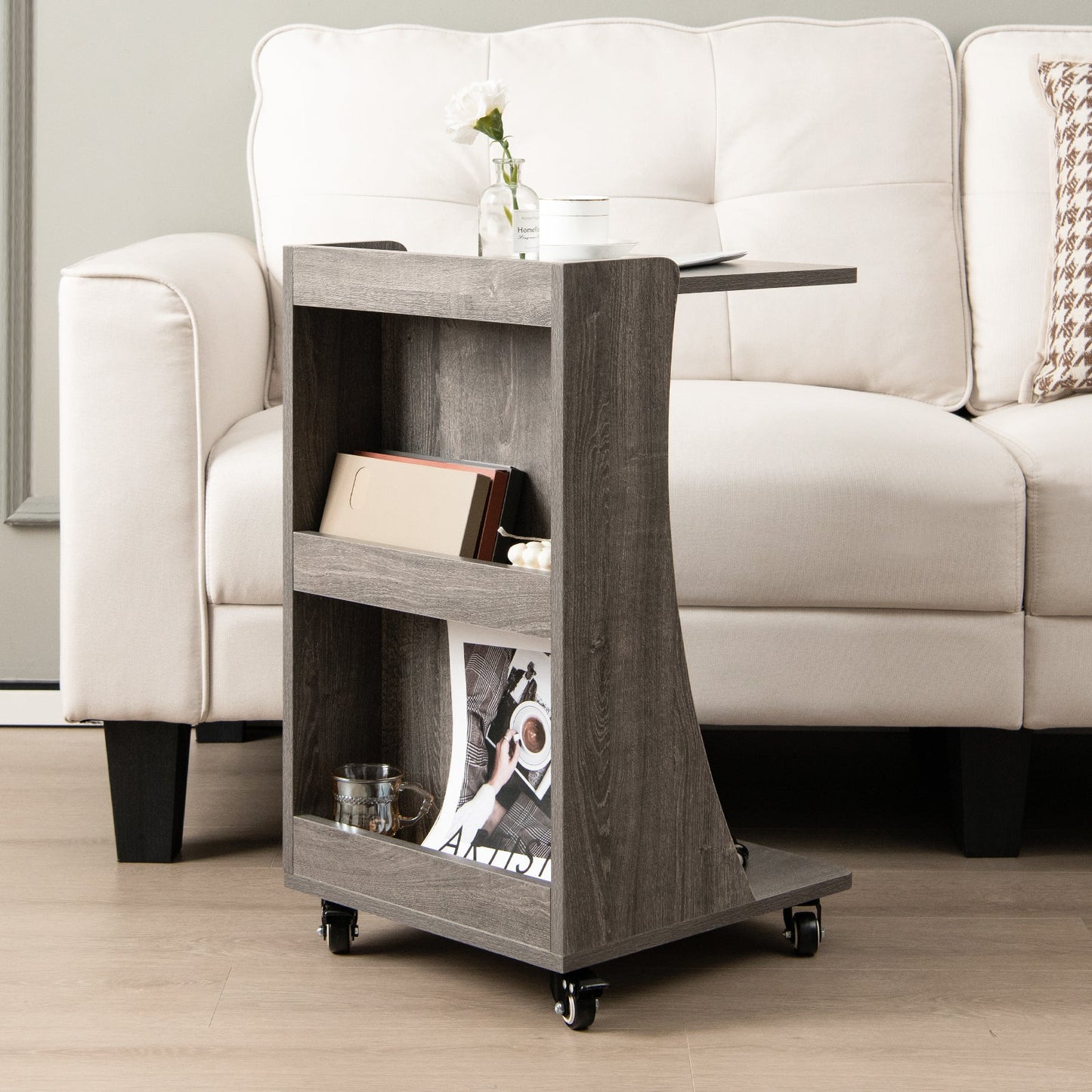 C-Shaped Side Table with Storage Shelf for Bedroom and Living Room-Grey