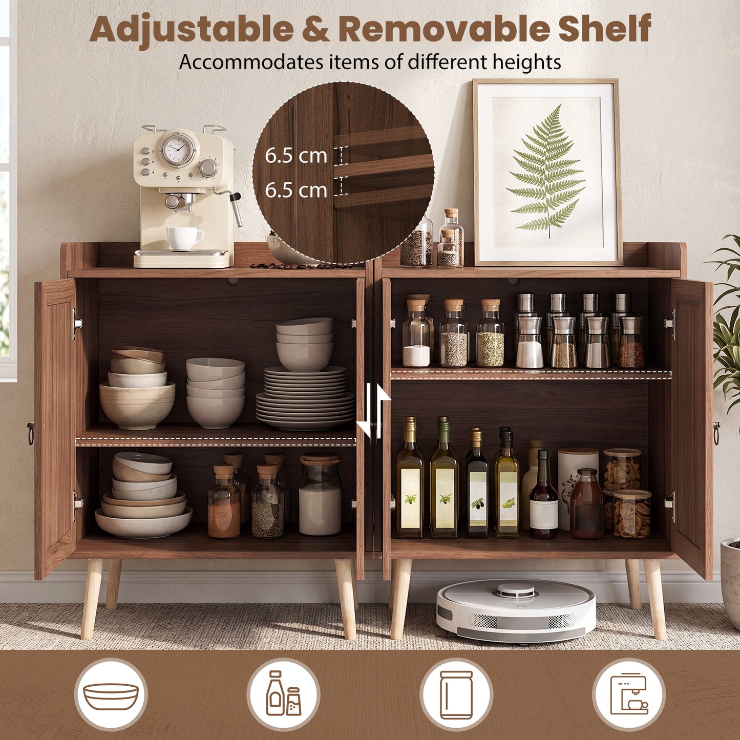 Sideboard Buffet Cabinet with 2 Doors Adjustable Shelf and Pine Wood Legs-Brown