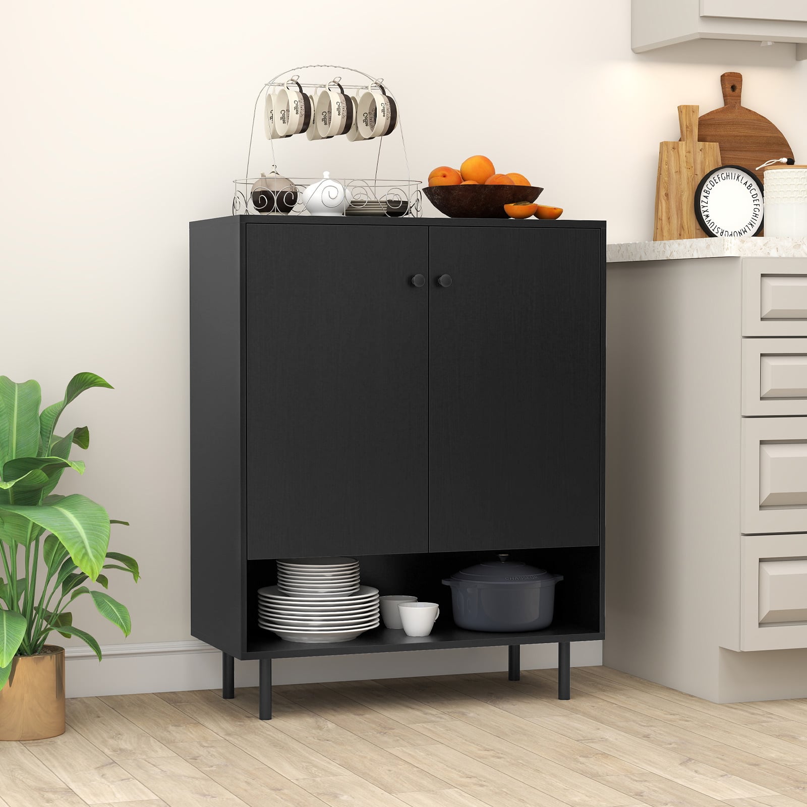 Sideboard Buffet Cabinet 2-Door Kitchen Storage Cabinet for Dining Room Living Room-Black