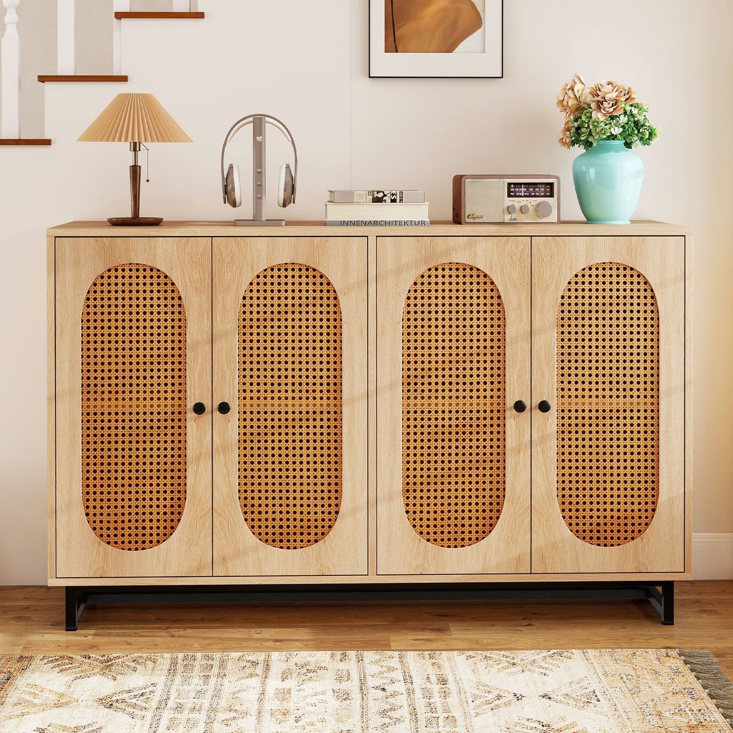 126cm Sideboard Buffet Cabinet with 4 Doors and Adjustable Shelves-Natural