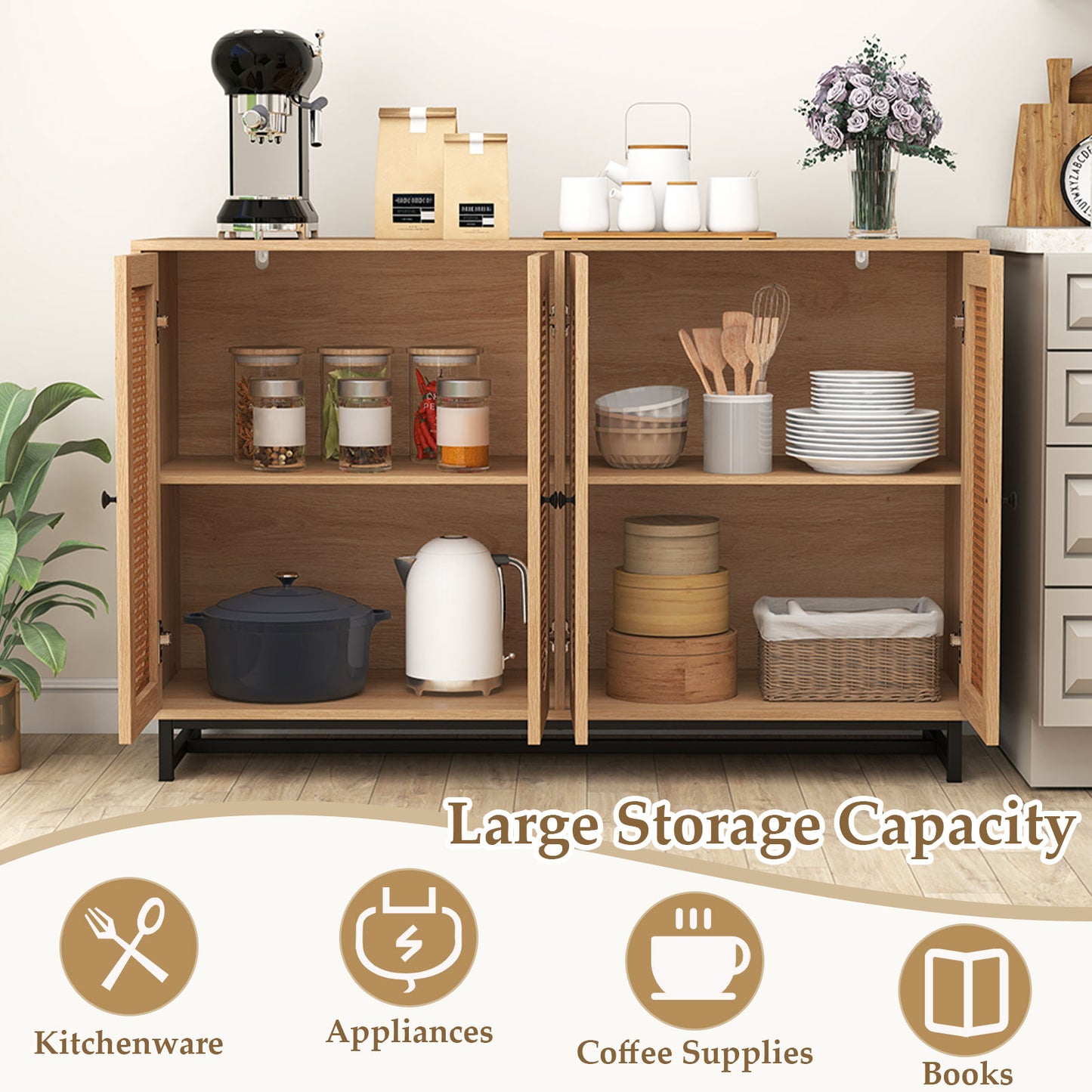 126cm Sideboard Buffet Cabinet with 4 Doors and Adjustable Shelves-Natural