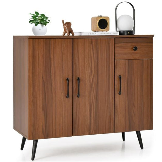 Sideboard Buffet Cabinet with 3 Doors and Pullout Drawer Adjustable Shelves-Walnut
