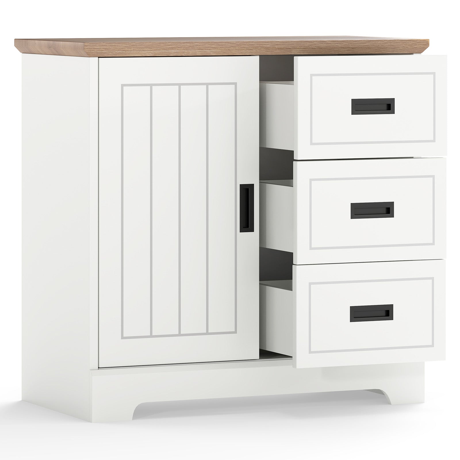Farmhouse Sideboard Buffet Cabinet with Sliding Doors and 3 Drawers-White