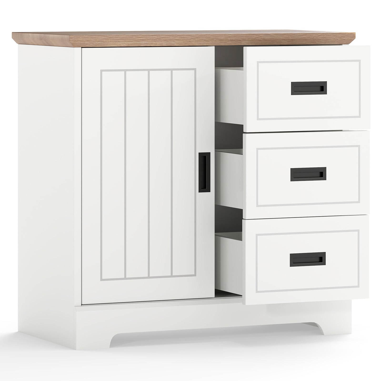 Farmhouse Sideboard Buffet Cabinet with Sliding Doors and 3 Drawers-White