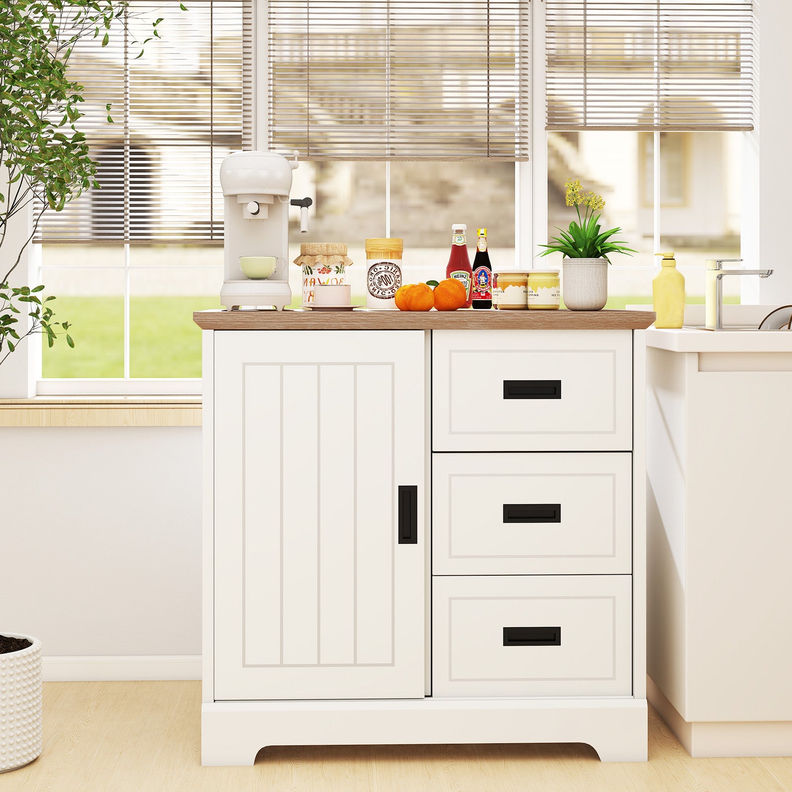 Farmhouse Sideboard Buffet Cabinet with Sliding Doors and 3 Drawers-White
