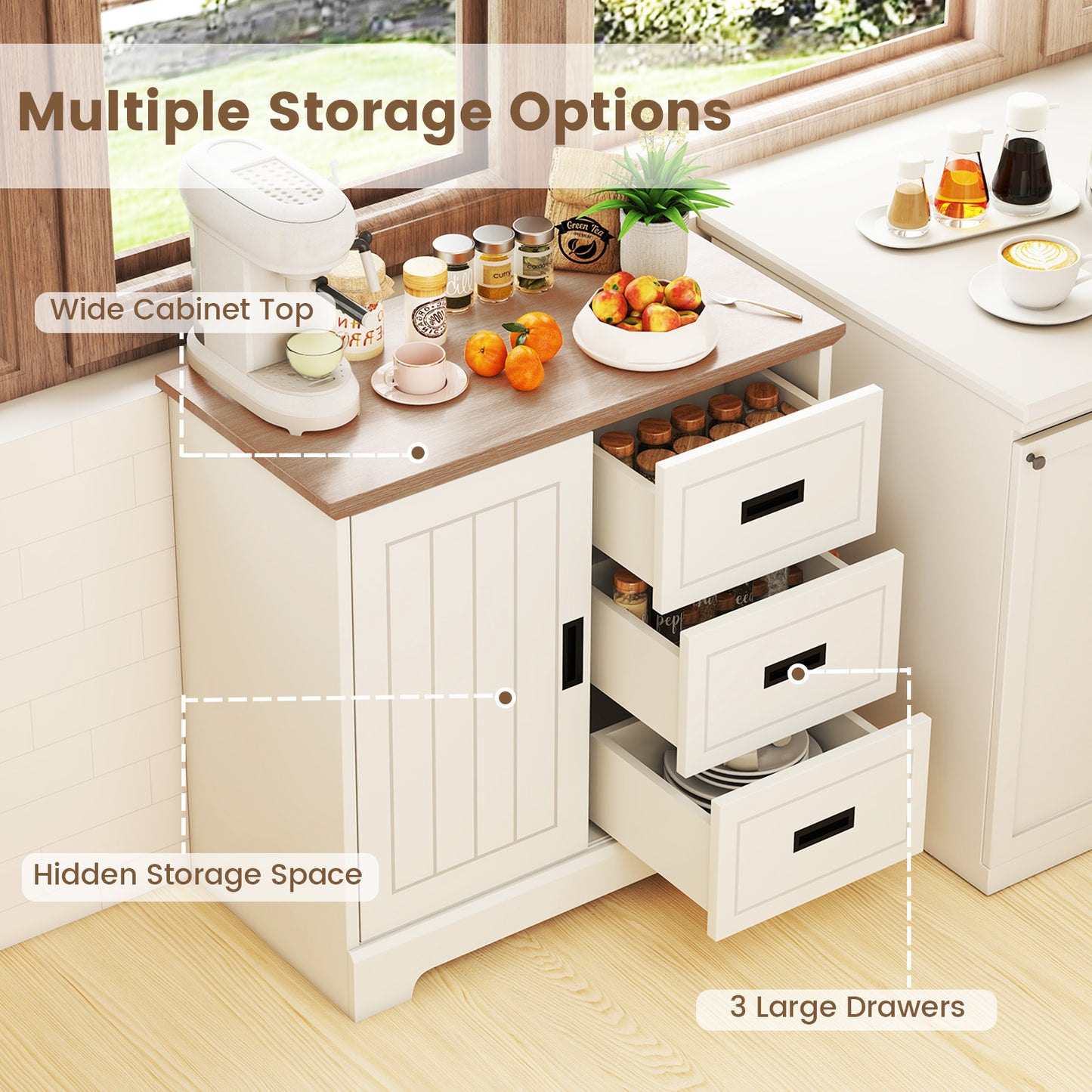 Farmhouse Sideboard Buffet Cabinet with Sliding Doors and 3 Drawers-White
