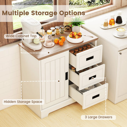 Farmhouse Sideboard Buffet Cabinet with Sliding Doors and 3 Drawers-White