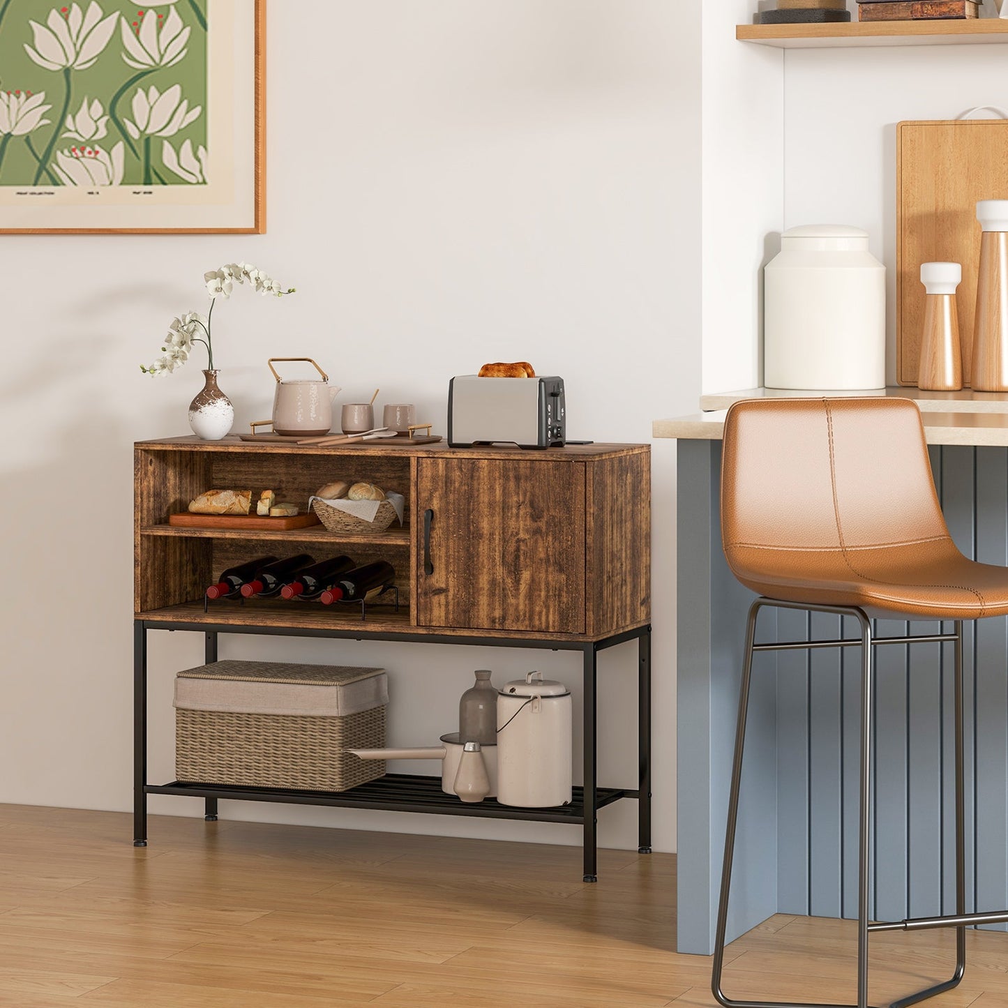 Sideboard Buffet Cabinet with Wine Racks and Storage Shelves-Rustic Brown